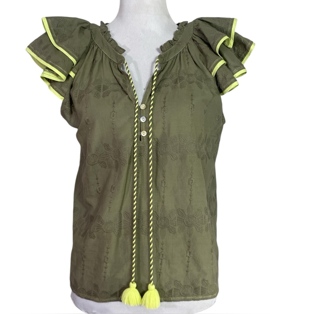 Omika Wilora Blouse in Olive Green with Lime/Yellow Trim Short Ruffle Sleeves M